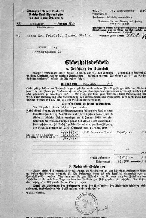A Flight Tax document (Reichsfluchtsteur) imposed on Jews emigrating from Germany and Austria